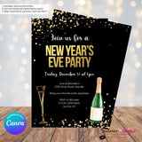 New Year's Eve Black Gold Confetti Champagne Party Invitation - Editable in Canva