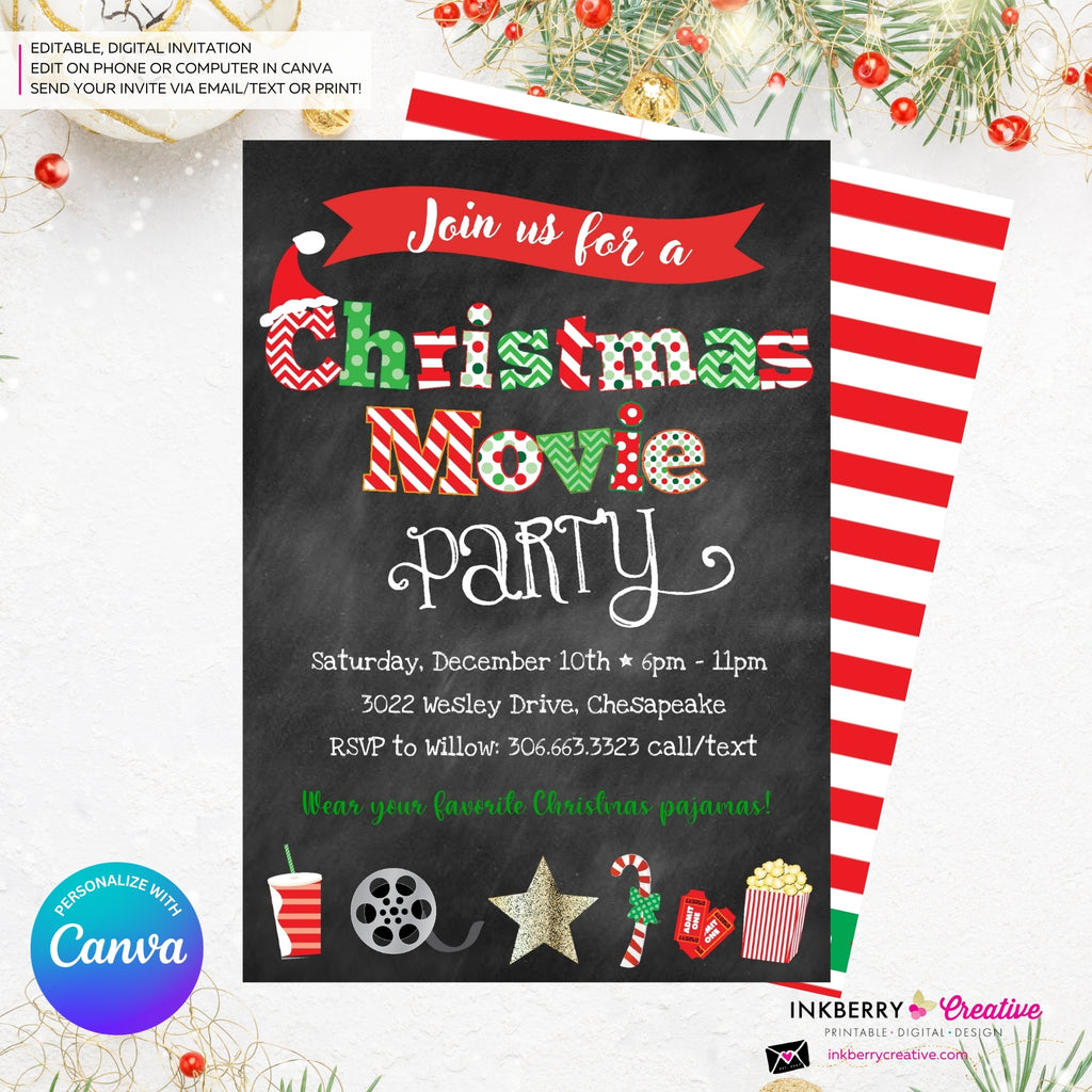 Christmas Movie Party Invitation - Chalkboard - Editable in Canva