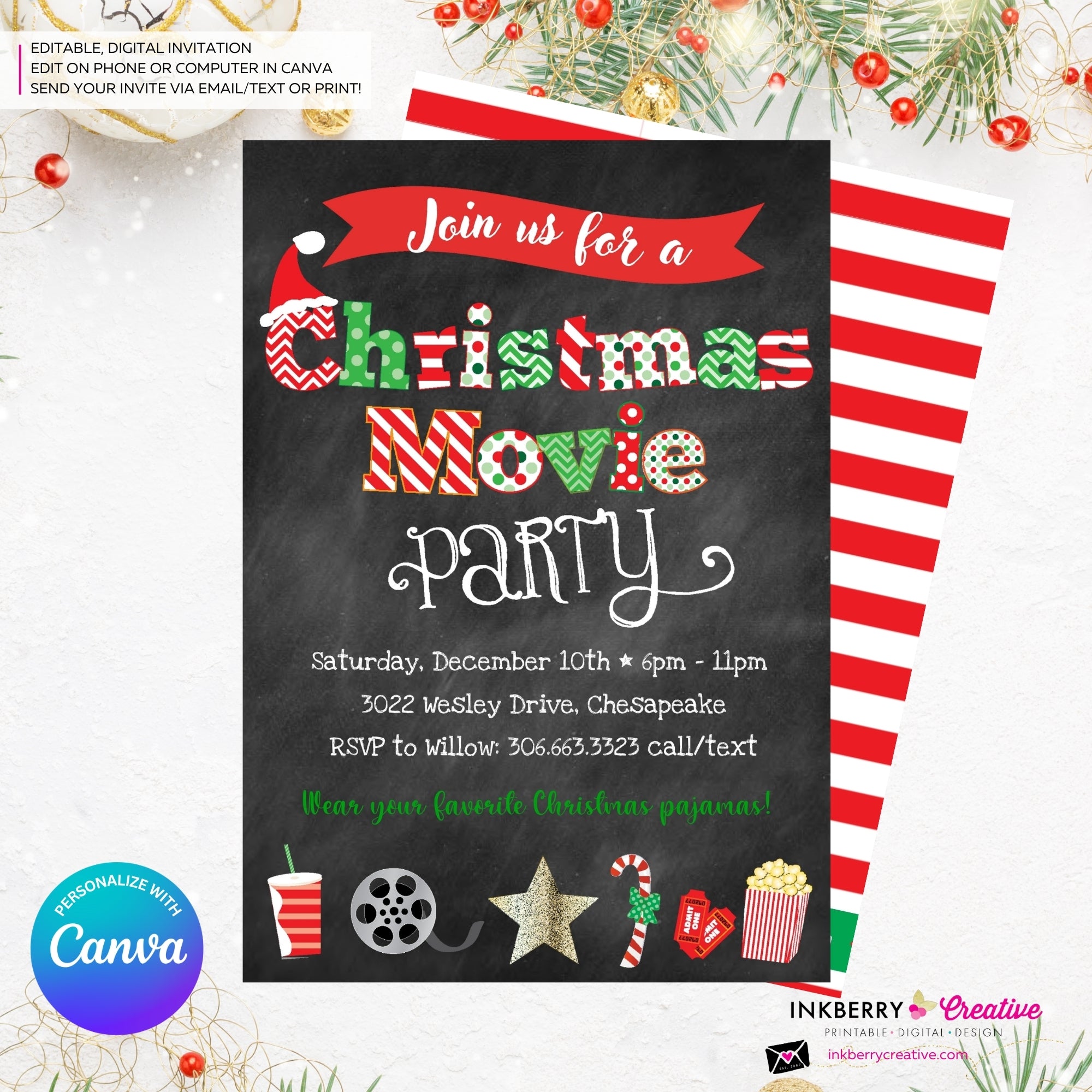 Christmas Movie Party Invitation - Chalkboard - Editable in Canva