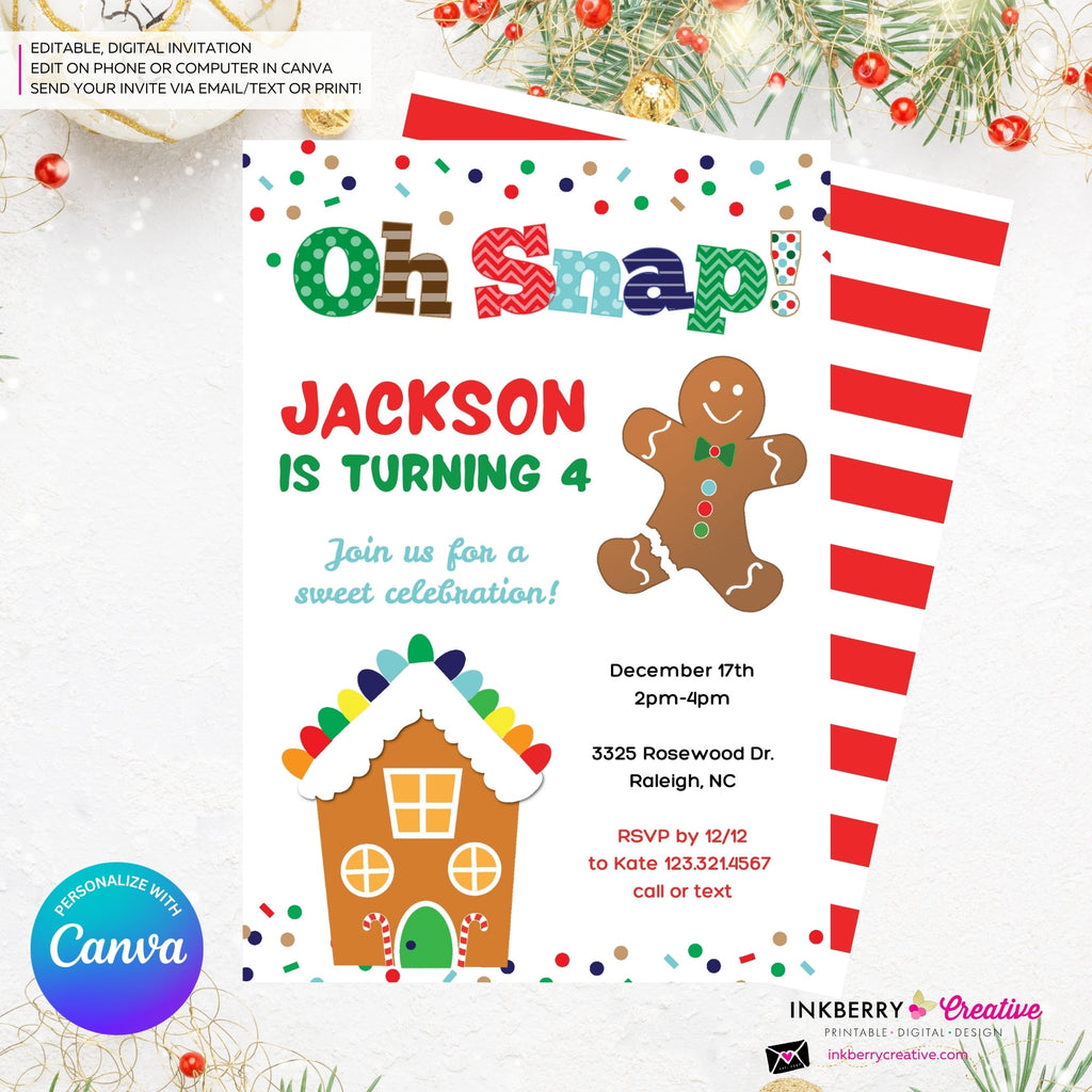 Gingerbread Birthday Party Invitation, Oh Snap Boys Gingerbread House Christmas Birthday Party - Printable, Instant Download, Edit in Canva