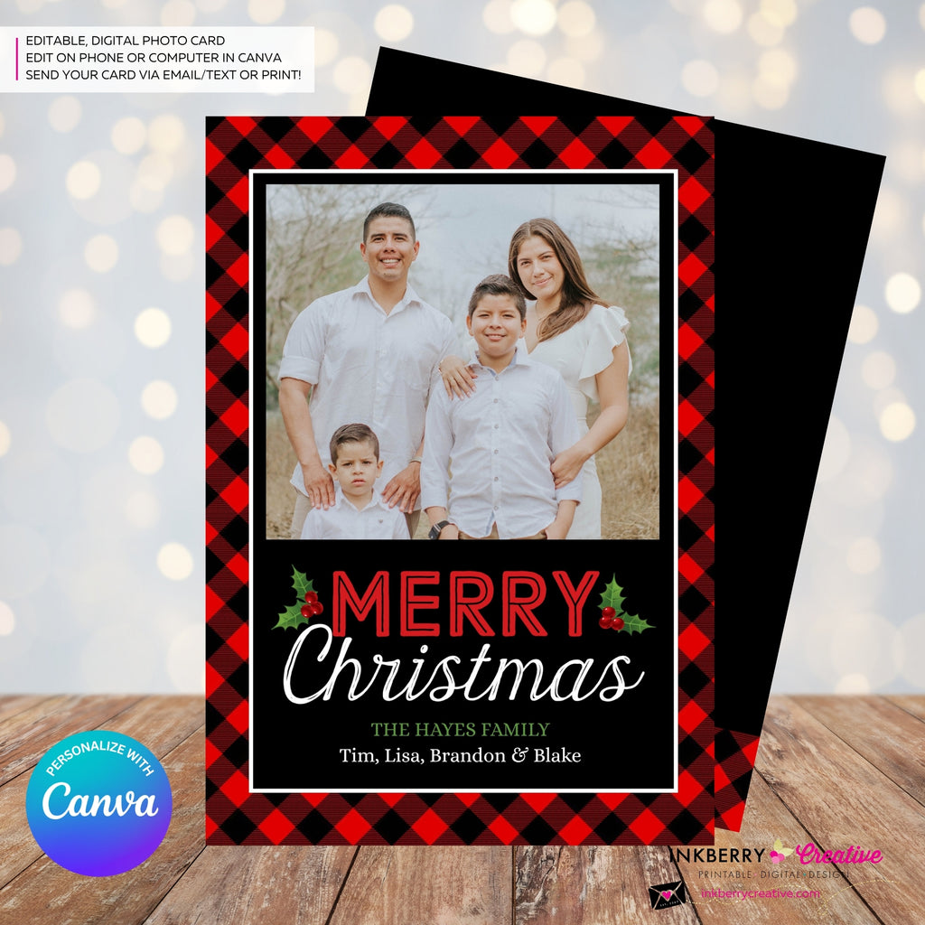 Red and Black Buffalo Check Plaid Christmas Photo Card, Family Holiday Photo Card, Custom Colors, Email Christmas Card, Editable in Canva