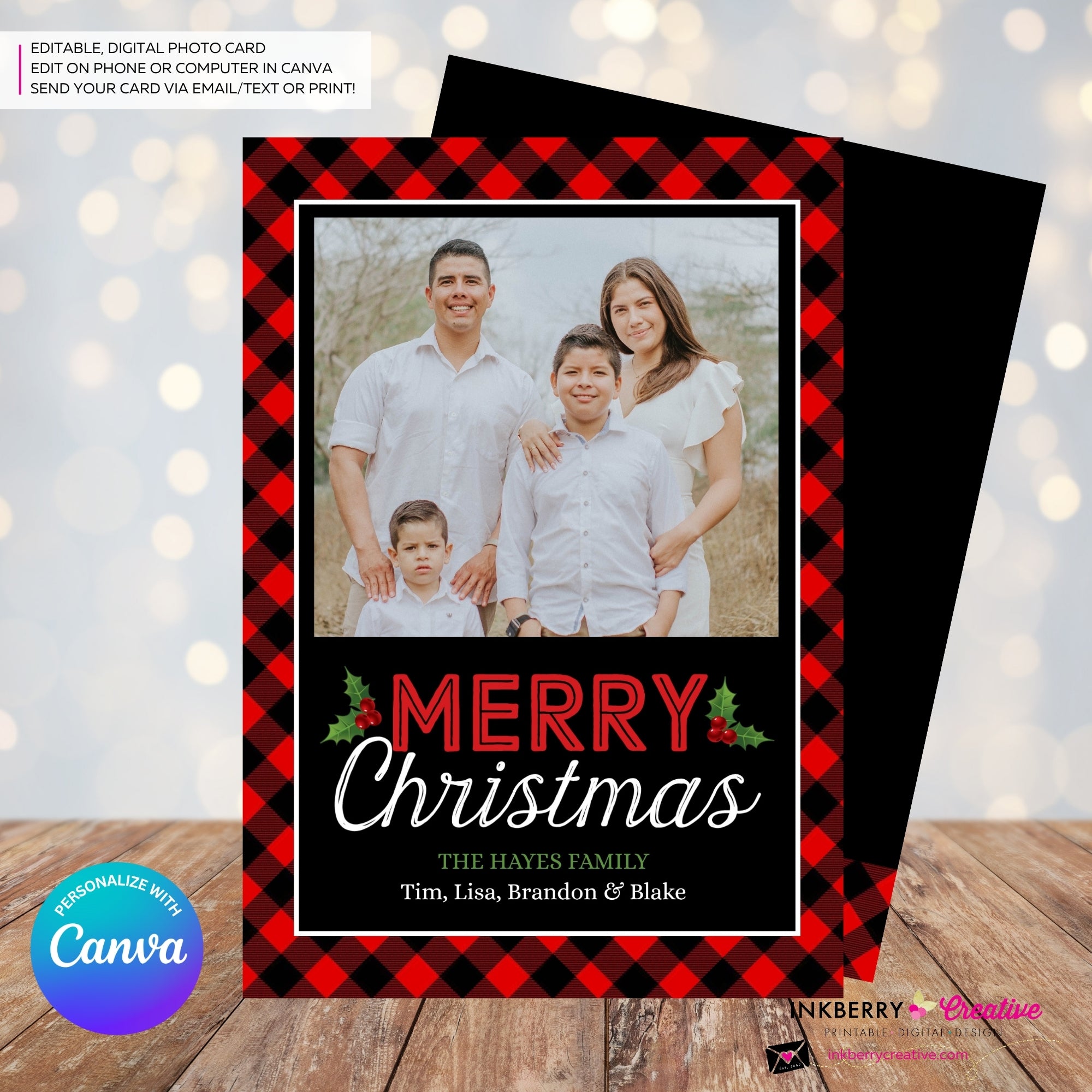 Red and Black Buffalo Check Plaid Christmas Photo Card, Family Holiday Photo Card, Custom Colors, Email Christmas Card, Editable in Canva