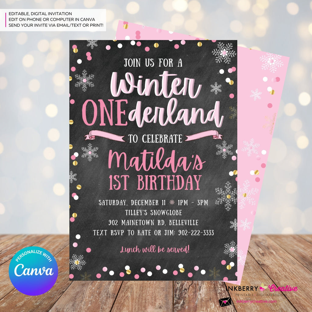 Whimsical Winter Wonderland 1st Birthday Invite - Snowflake Chalkboard Theme - ONEderland - Pink Gold, Personalize and Edit in Canva