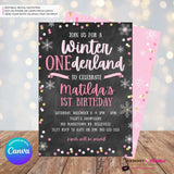 Whimsical Winter Wonderland 1st Birthday Invite - Snowflake Chalkboard Theme - ONEderland - Pink Gold, Personalize and Edit in Canva