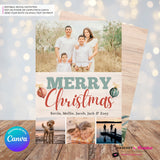 Merry Christmas Vintage Ornaments Woodgrain 4 Photo Holiday Card, Family Photo Card, Custom Colors, Email Christmas Card, Editable in Canva