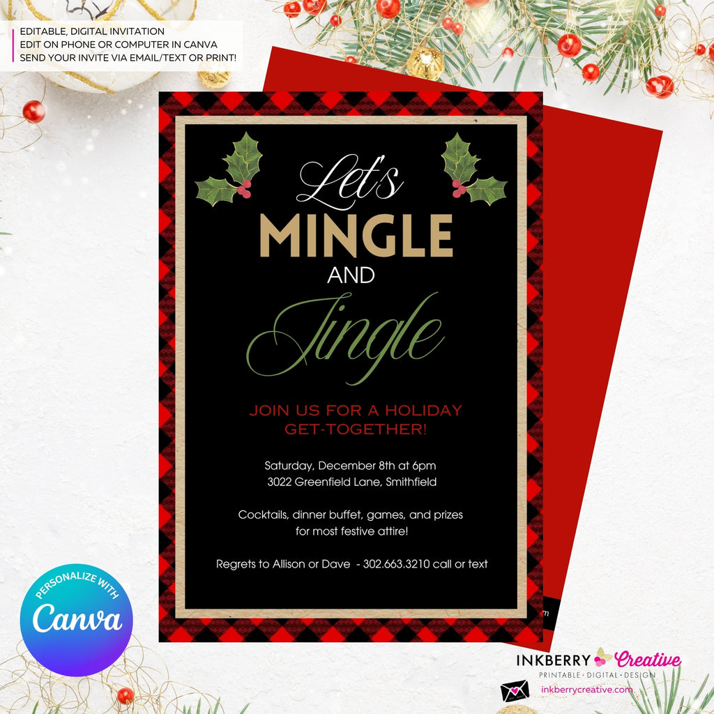 Mingle Jingle Buffalo Plaid Christmas Party Invitation - Editable in Canva