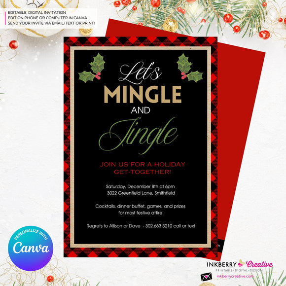 Mingle Jingle Buffalo Plaid Christmas Party Invitation - Editable in Canva