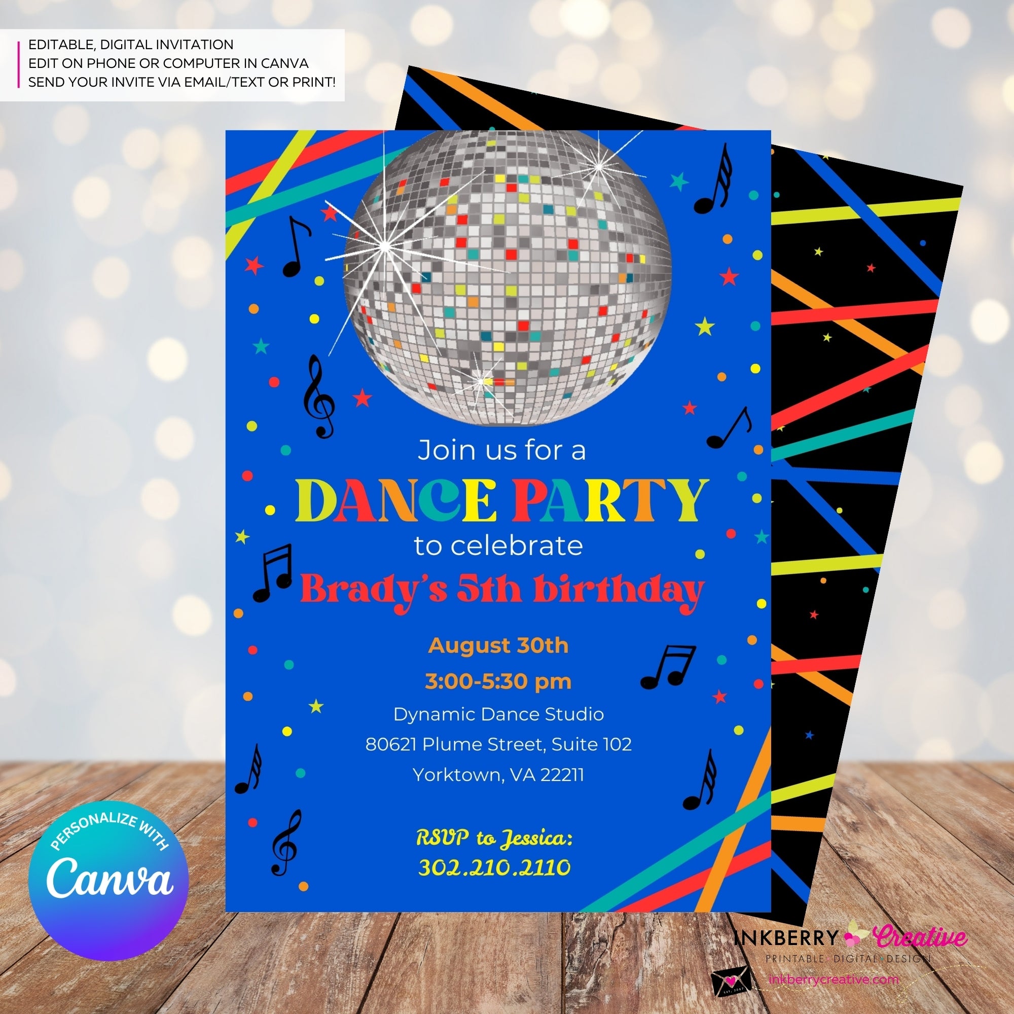 Neon Glow Dance Party Invitation (Boys Blue) with Disco Ball - Printable, Instant Download, Edit in Canva