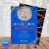 Neon Glow Dance Party Invitation (Boys Blue) with Disco Ball - Printable, Instant Download, Edit in Canva