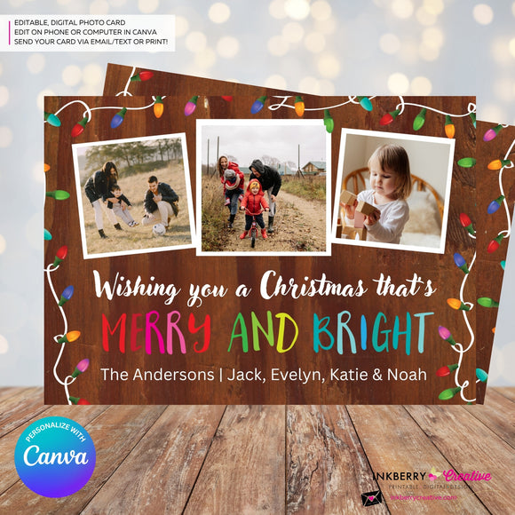 Woodgrain Merry and Bright Christmas Lights 3 Photo Christmas Card - Retro Christmas Bulbs String of Lights - Edit in Canva