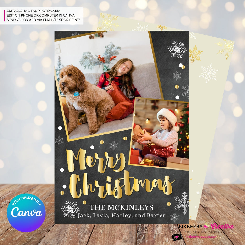 Chalkboard Silver and Gold Snow Merry Christmas Photo Card - Edit in Canva