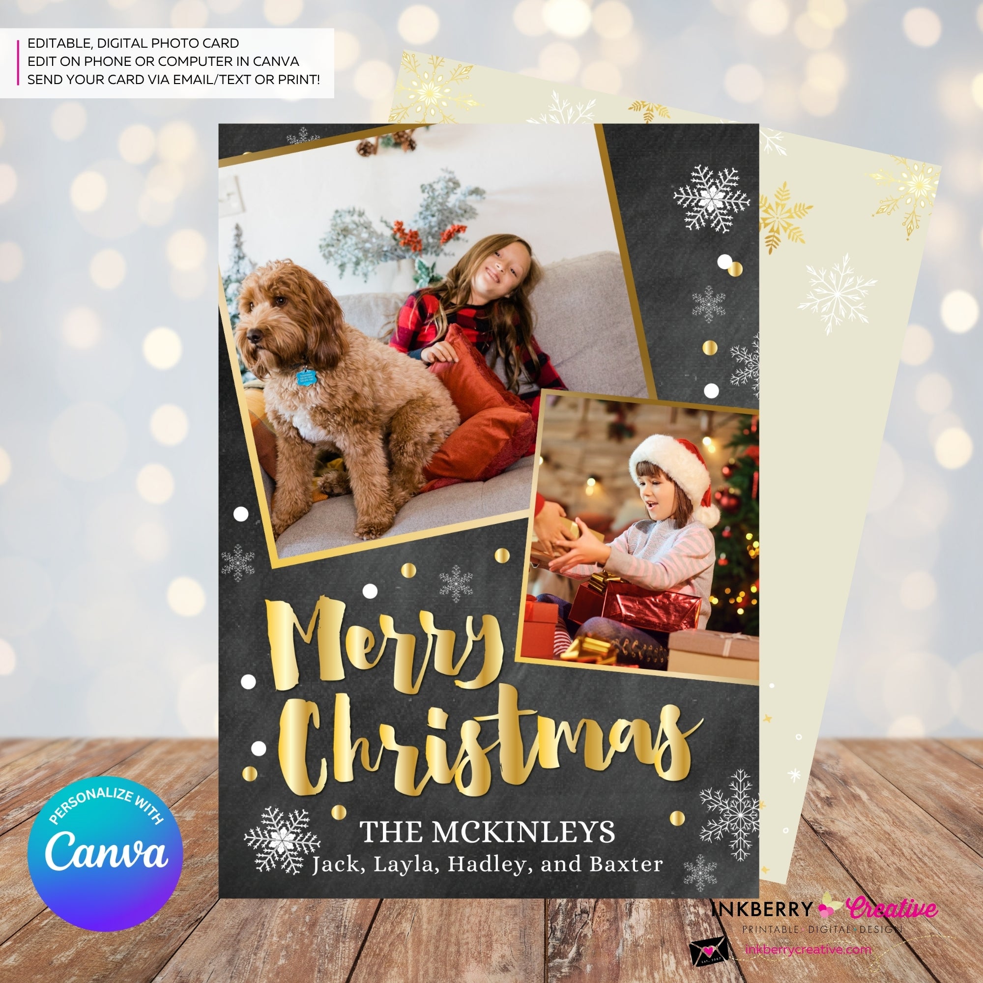 Chalkboard Silver and Gold Snow Merry Christmas Photo Card - Edit in Canva