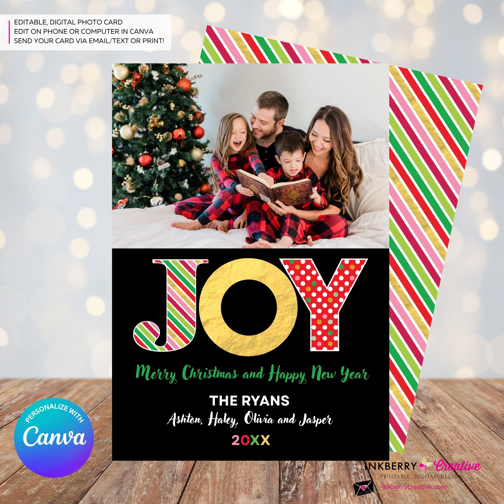 Big Joy Gold and Patterns Christmas Photo Card, Family Holiday Photo Card, Custom Colors, Email Christmas Card, Editable in Canva