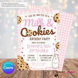 Milk and Cookies Birthday Party Invitation - Girls Pink, Brown, First Birthday or Any Age, Instant Download, Personalize and Edit in Canva