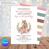 Horseback Riding Birthday Party Invitation, Watercolor, Horse, Flowers - Printable, Instant Download, Edit in Canva