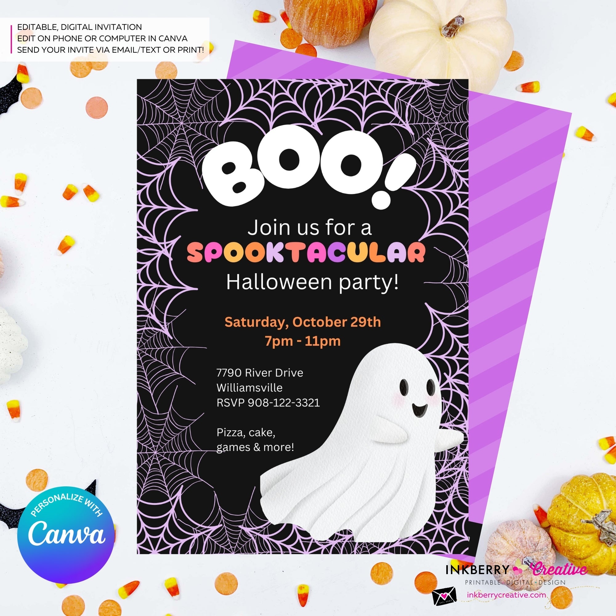 Cute Ghost Halloween Party Invitation, Pink Orange Purple Halloween - Editable in Canva