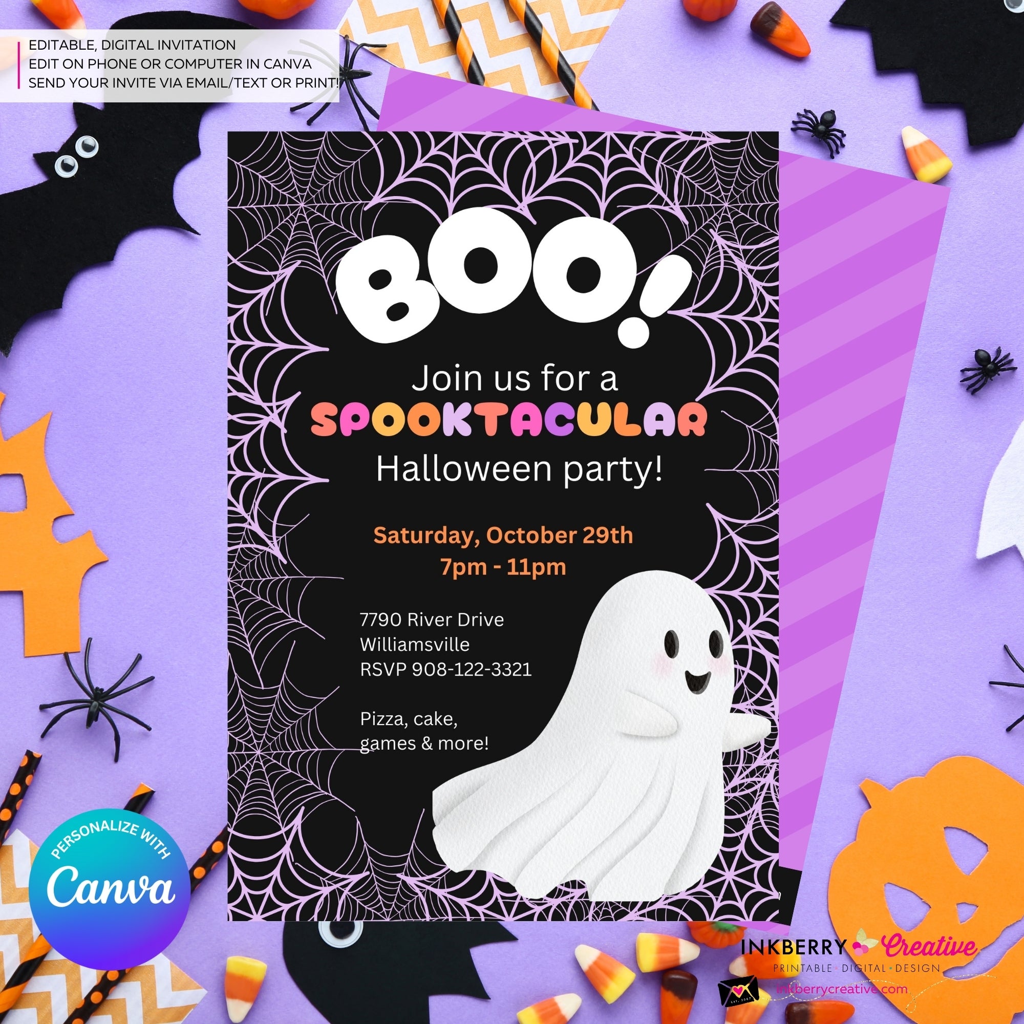 Cute Ghost Halloween Party Invitation, Pink Orange Purple Halloween - Editable in Canva