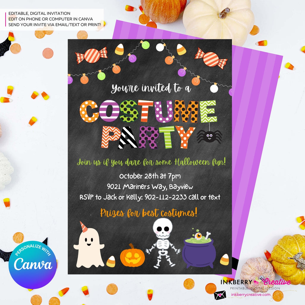 Halloween Costume Party - Chalkboard Invitation - Editable in Canva
