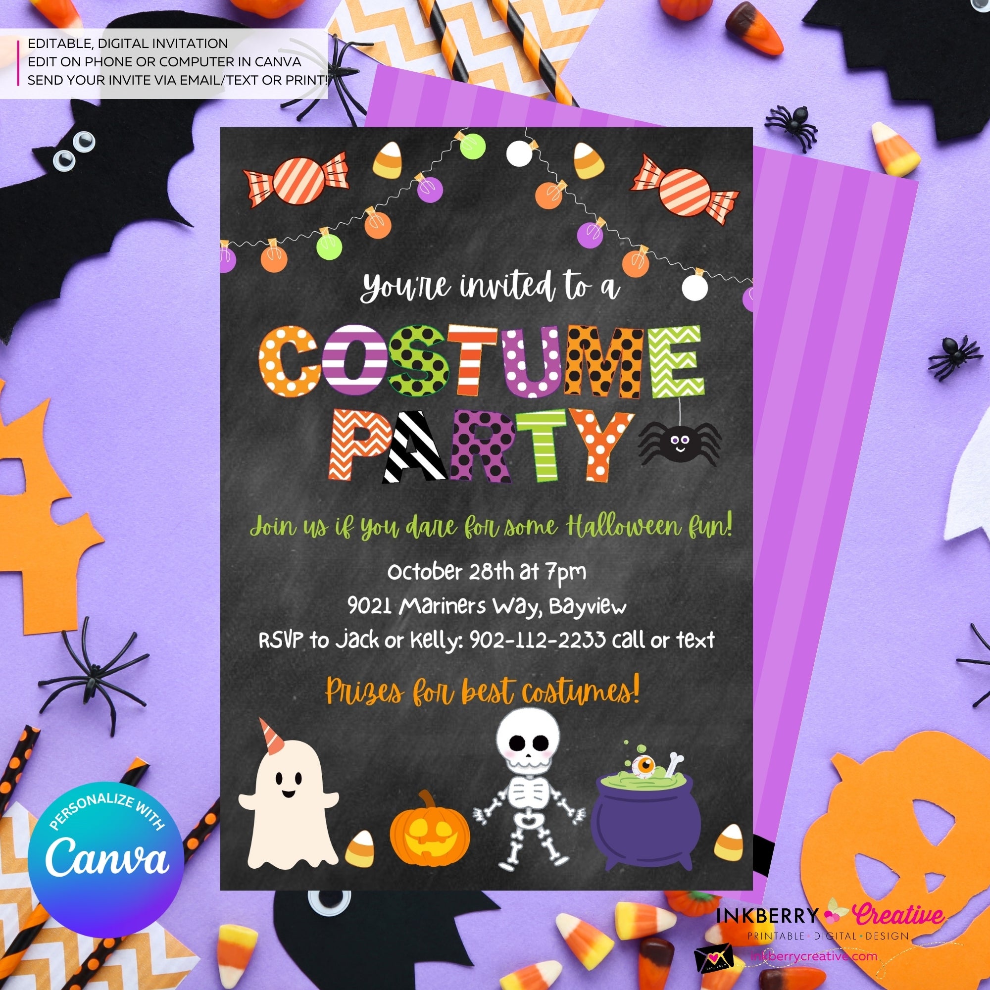 Halloween Costume Party - Chalkboard Invitation - Editable in Canva
