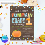 Pumpkin First Birthday (Boys) Woodgrain, Confetti Party Invitation - Printable, Edit in Canva