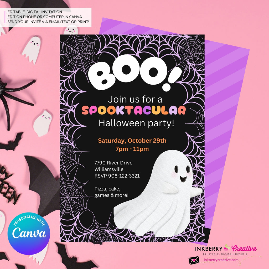 Cute Ghost Halloween Party Invitation, Pink Orange Purple Halloween - Editable in Canva