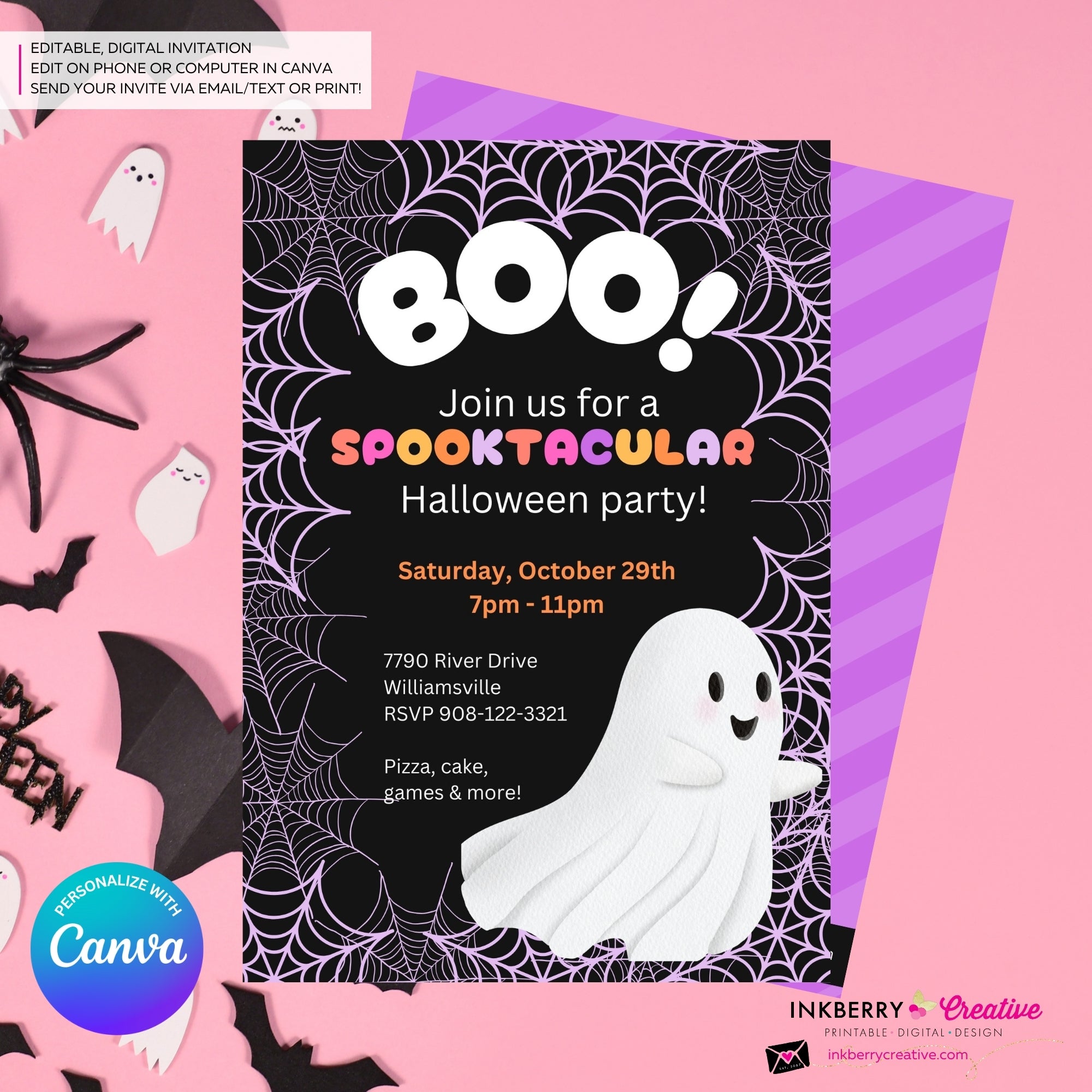Cute Ghost Halloween Party Invitation, Pink Orange Purple Halloween - Editable in Canva