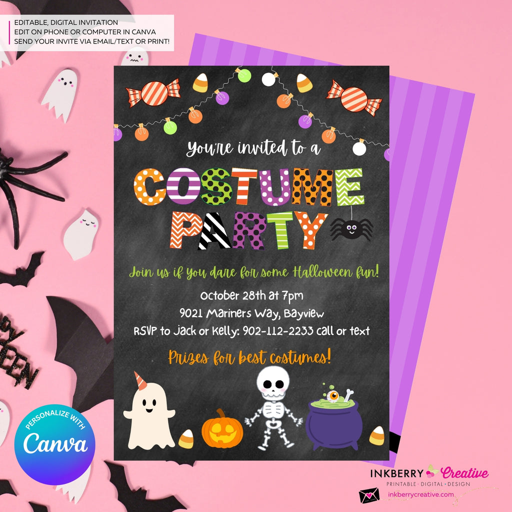 Halloween Costume Party - Chalkboard Invitation - Editable in Canva