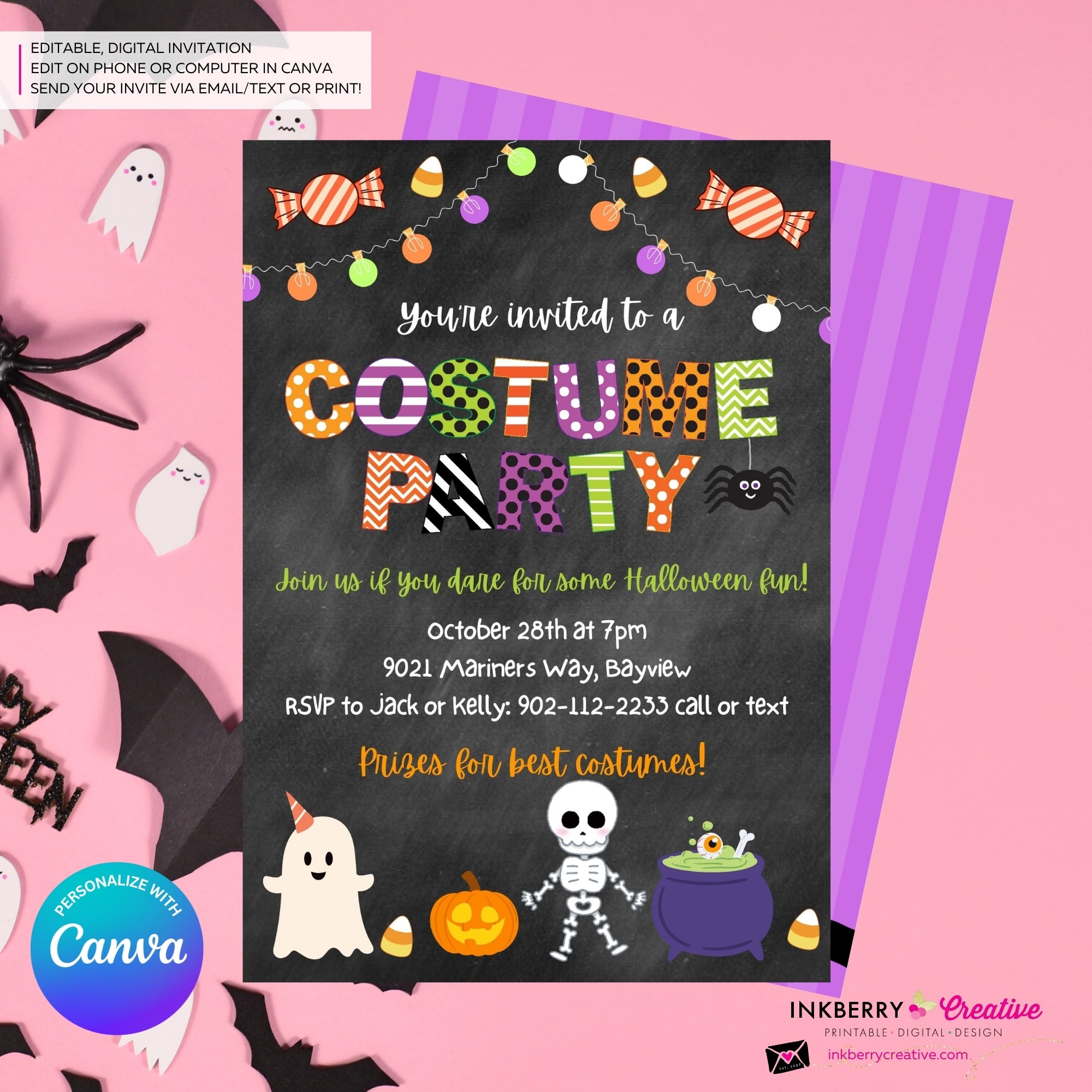 Halloween Costume Party - Chalkboard Invitation - Editable in Canva