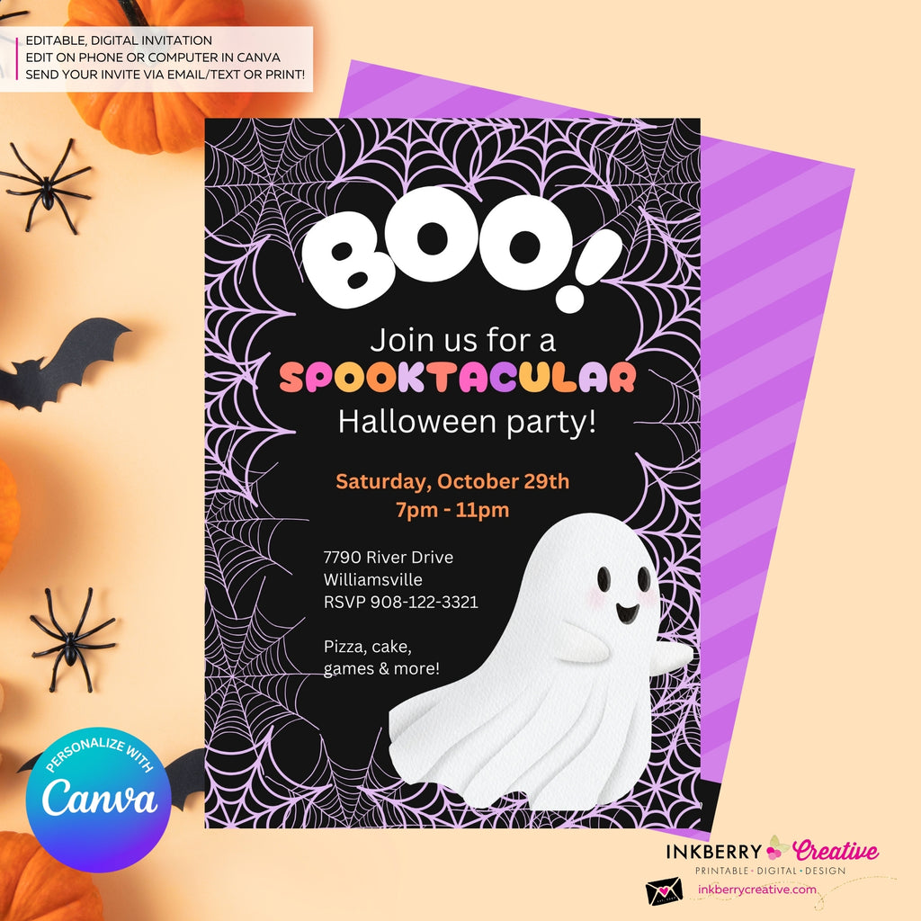 Cute Ghost Halloween Party Invitation, Pink Orange Purple Halloween - Editable in Canva