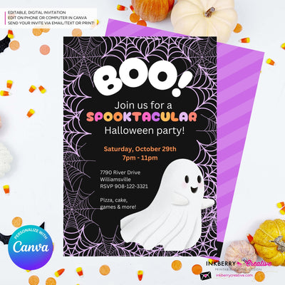 Cute Ghost Halloween Party Invitation, Pink Orange Purple Halloween - Editable in Canva