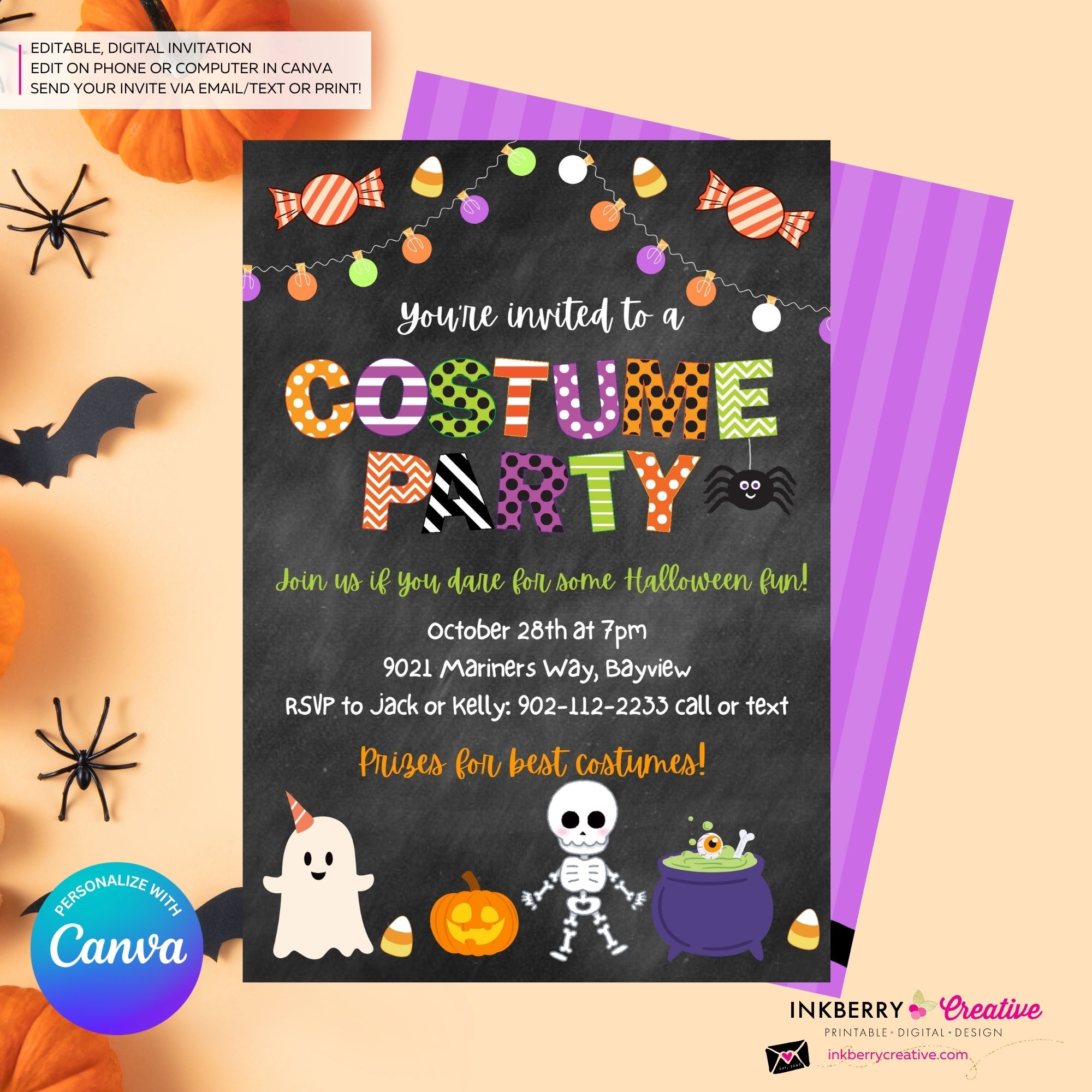 Halloween Costume Party - Chalkboard Invitation - Editable in Canva