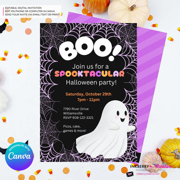 Cute Ghost Halloween Party Invitation, Pink Orange Purple Halloween - Editable in Canva