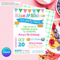 Rise and Shine Kids Birthday Breakfast Brunch Party Invitation, Pancakes, Bacon, Eggs, Waffles - Editable in Canva