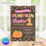 Pumpkin First Birthday (Girls) Woodgrain, Confetti Party Invitation - Printable, Edit in Canva
