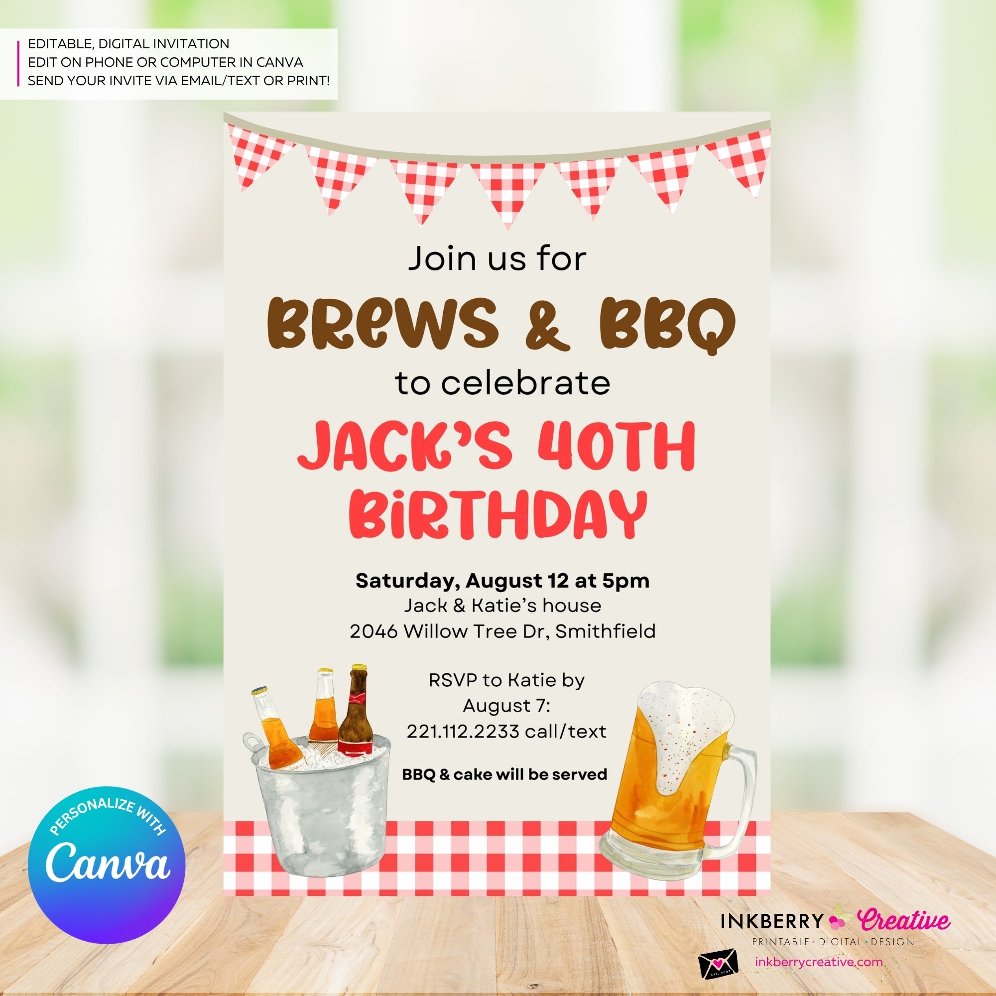 Brews & BBQ Backyard Cookout, Barbecue Theme Birthday Party or Shower Invitation - Personalize and Edit in Canva