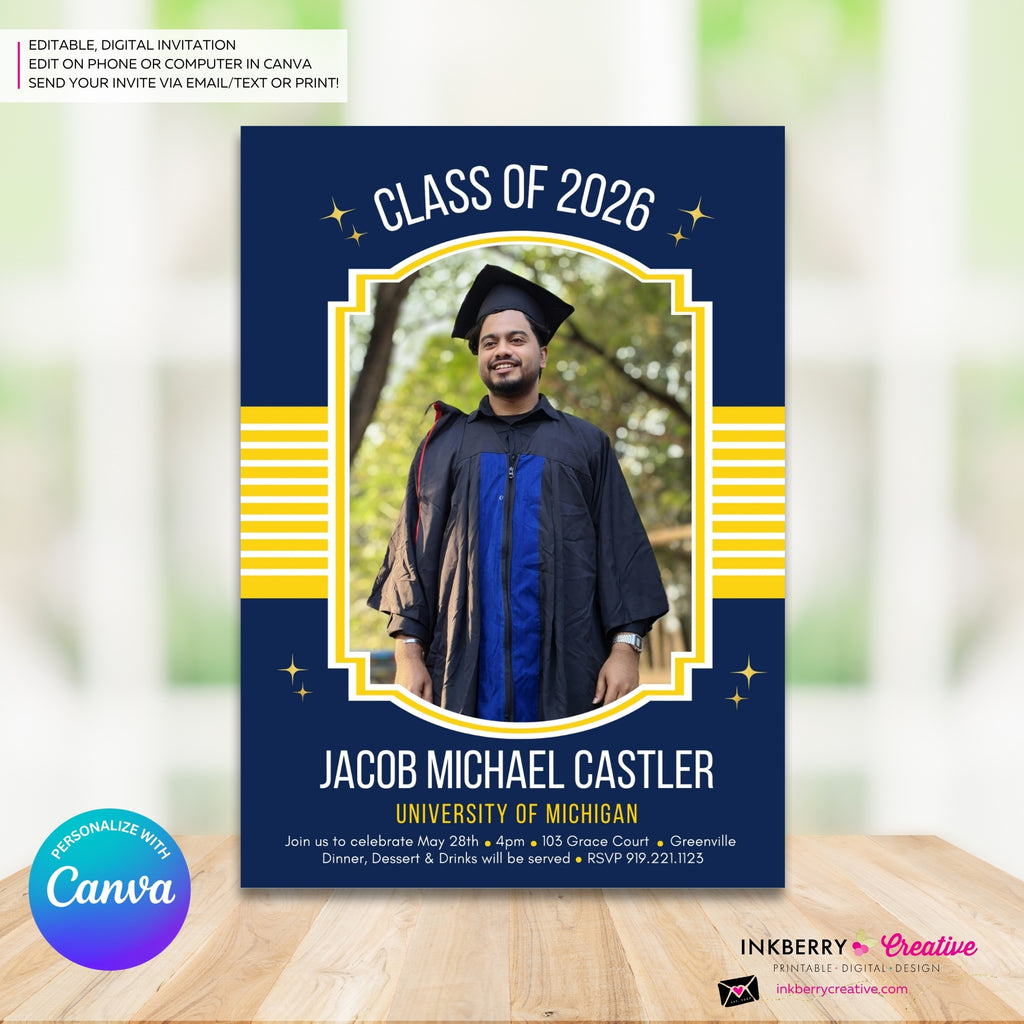 Collegiate Star - Custom Color Graduation Invitation or Announcement - Editable in Canva