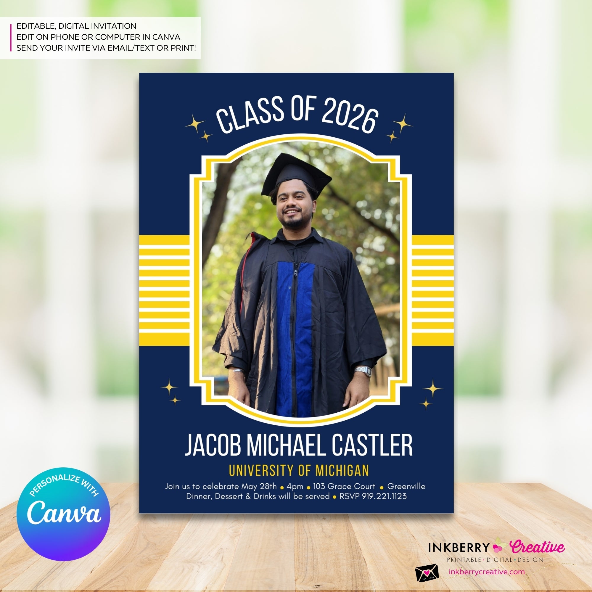 Collegiate Star - Custom Color Graduation Invitation or Announcement - Editable in Canva