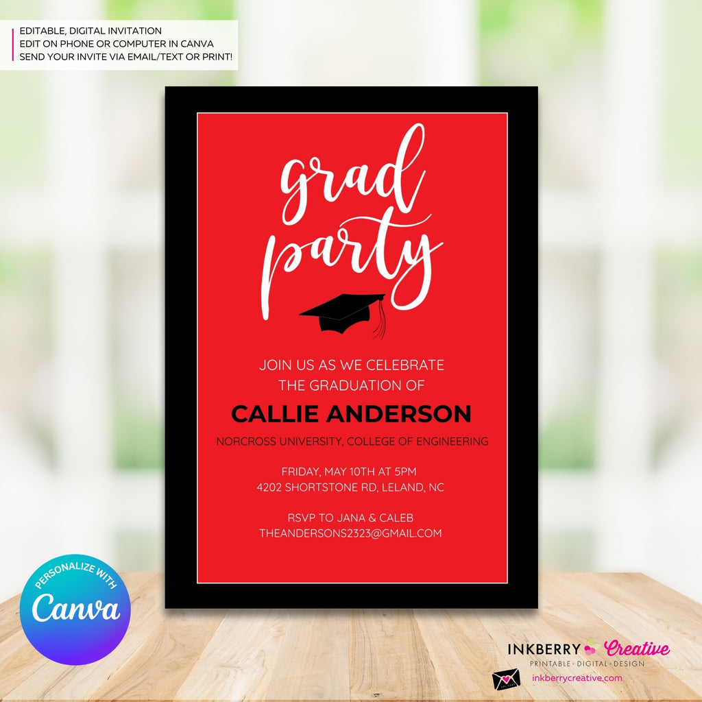 Grad Party Color Block Script - Custom Color Graduation Invitation or Announcement - Editable in Canva