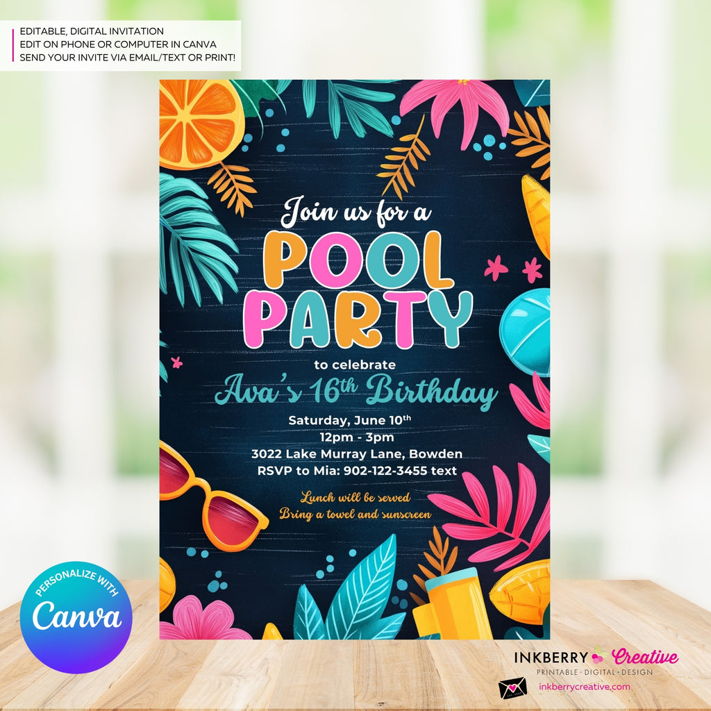 Citrus Summer Pool Party Invitation (Blue) - Summer Pool Party - Personalize and Edit in Canva
