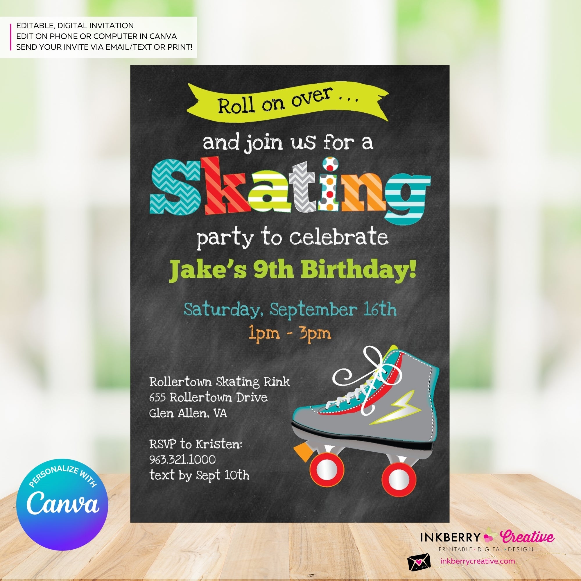 Editable Roller Skating Birthday Party Invitation - Boys Roller Skate Party Invite, Chalkboard, Roller Skating Rink Invite, Edit in Canva