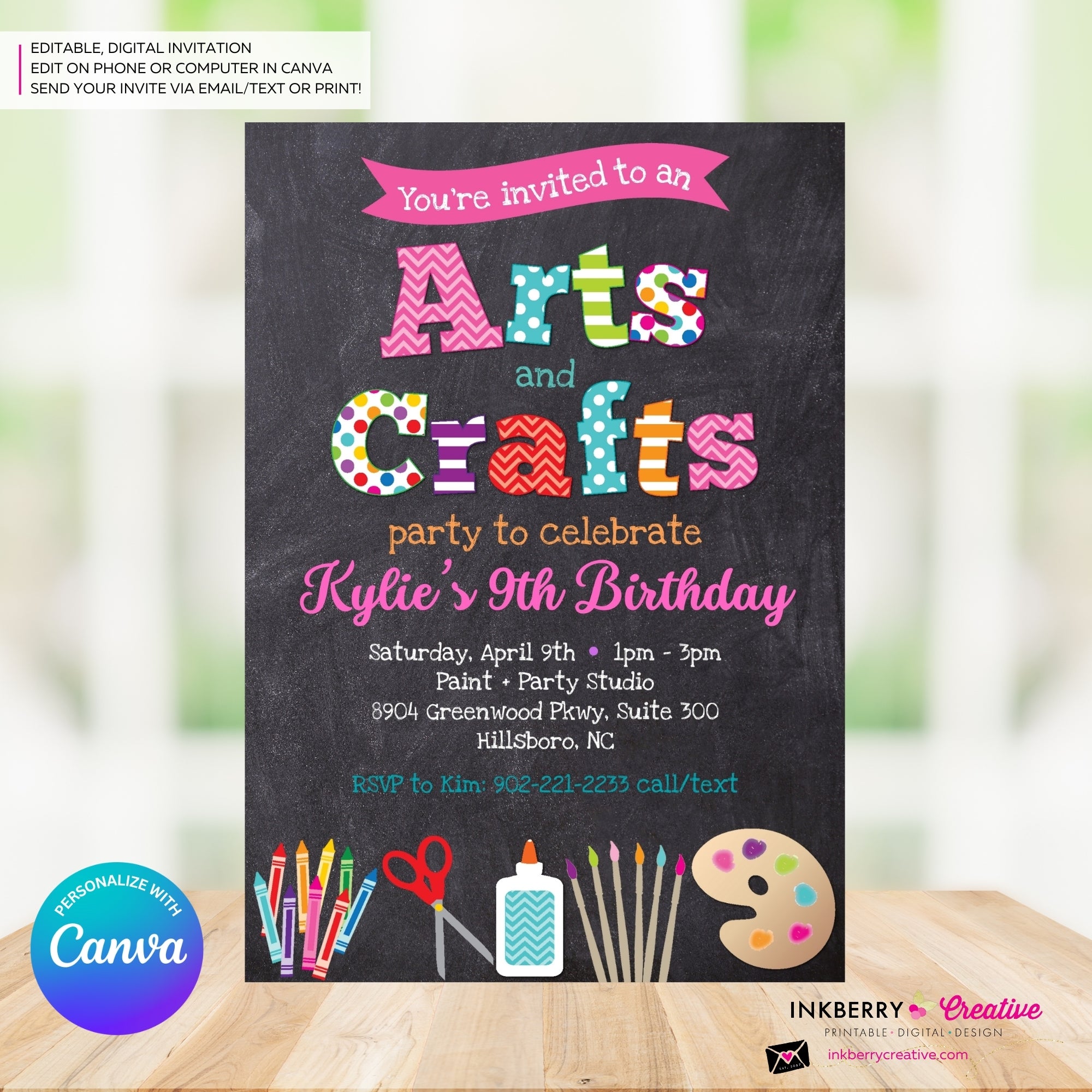 Arts and Crafts Birthday Party Invitation, Chalkboard Style, Kids Arts Crafts Painting Party - Printable, Instant Download, Edit in Canva