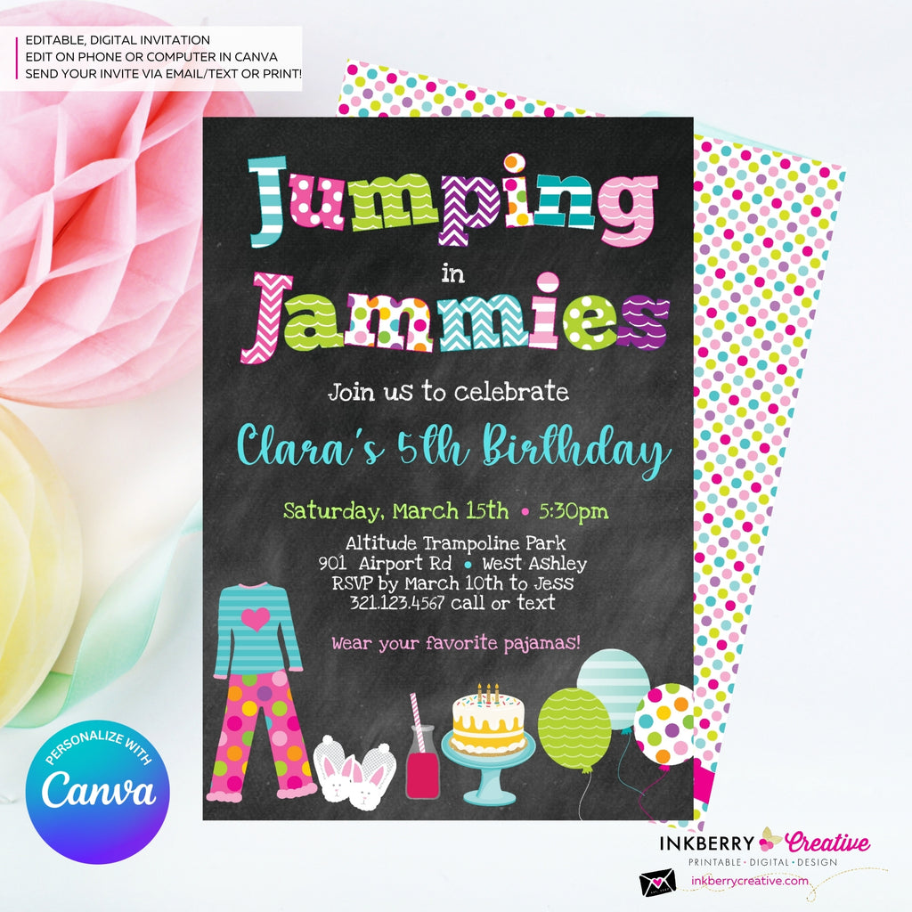 Jumping in Jammies Birthday Party Invitation - Chalkboard, Pajama, Trampoline Park, Bounce House Invite (Printable, Instant Download, Edit in Canva)