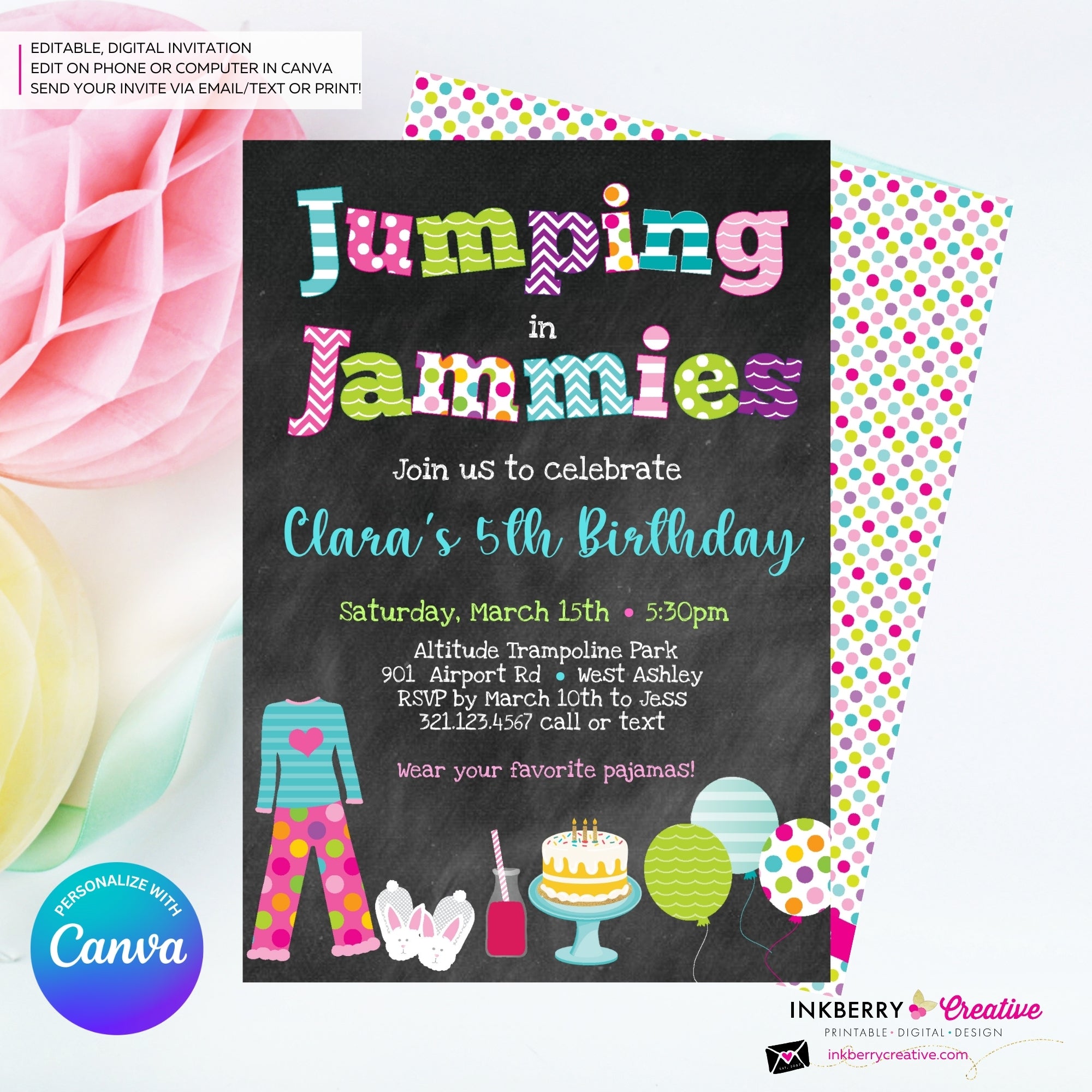 Jumping in Jammies Birthday Party Invitation - Chalkboard, Pajama, Trampoline Park, Bounce House Invite (Printable, Instant Download, Edit in Canva)