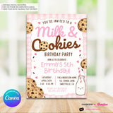 Milk and Cookies Birthday Party Invitation - Girls Pink, Brown, First Birthday or Any Age, Instant Download, Personalize and Edit in Canva