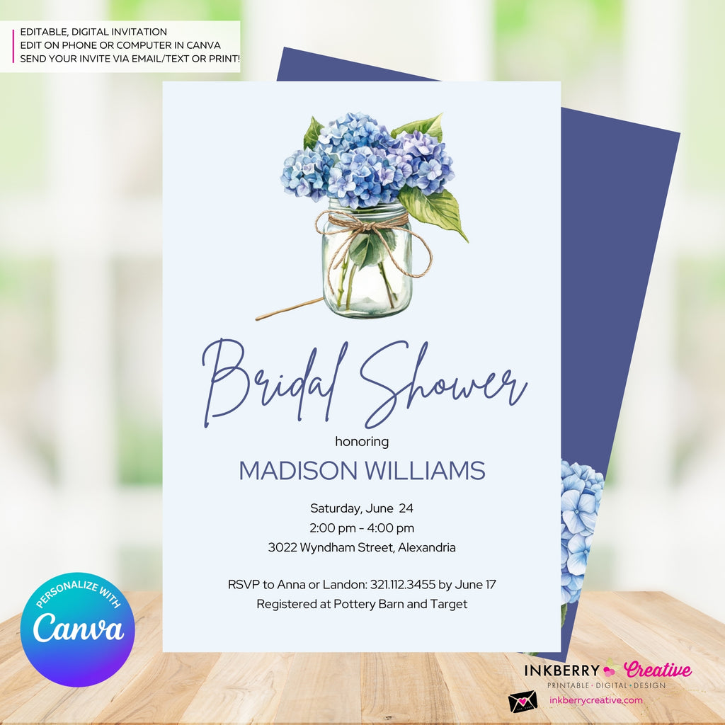 Mason Jar Hydrangea Bridal Shower Invitation, Blue Purple Hydrangea Invite, Wedding Engagement Baby, Digital, Edit and Personalize in Canva