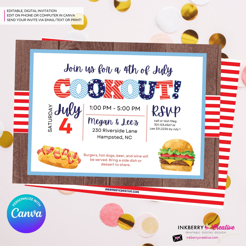 4th of July Backyard Cookout BBQ - 4th of July, Patriotic, Red White and Blue, Patriotic Party - Edit in Canva