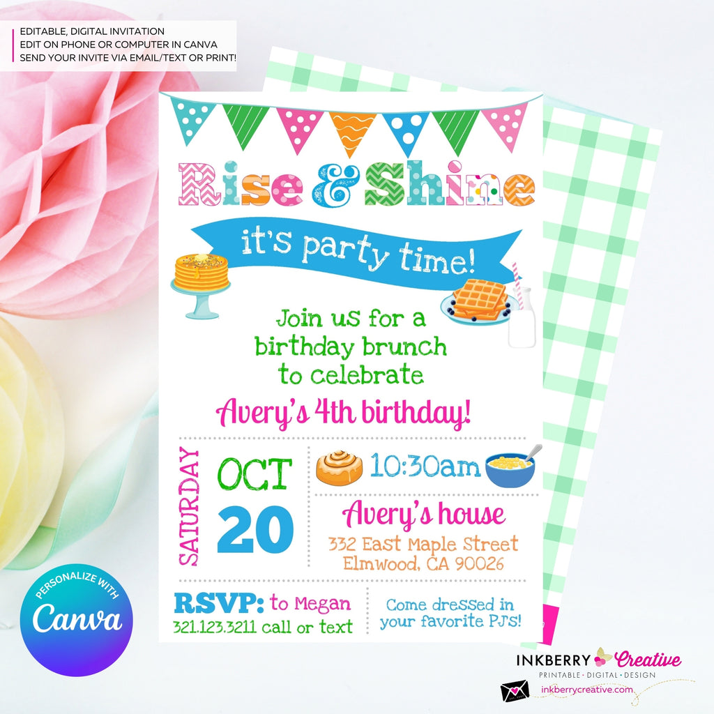 Rise and Shine Kids Birthday Breakfast Brunch Party Invitation, Pancakes, Bacon, Eggs, Waffles - Editable in Canva