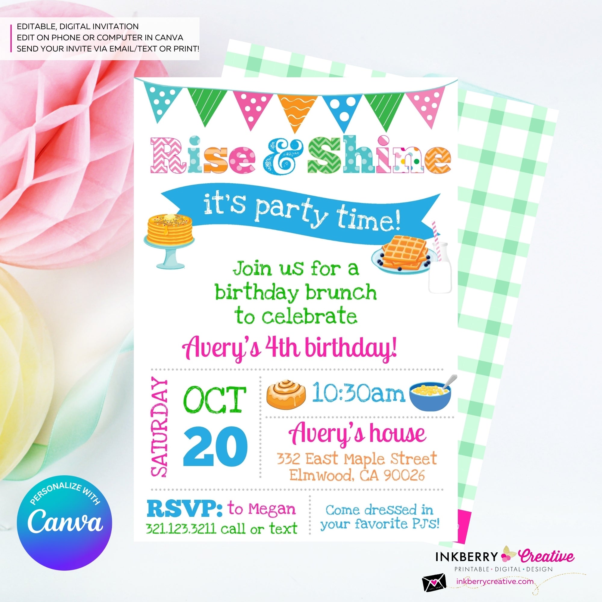 Rise and Shine Kids Birthday Breakfast Brunch Party Invitation, Pancakes, Bacon, Eggs, Waffles - Editable in Canva