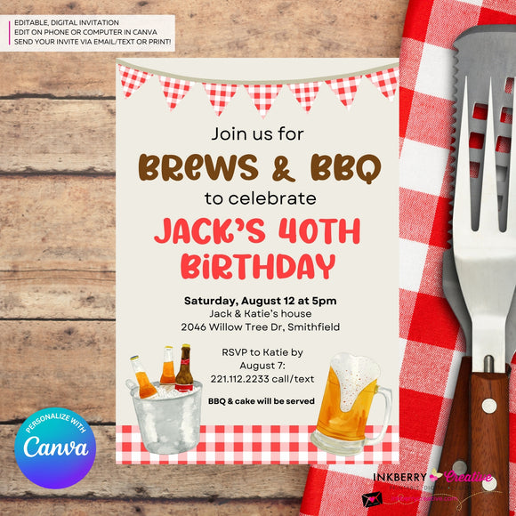 Brews & BBQ Backyard Cookout, Barbecue Theme Birthday Party or Shower Invitation - Personalize and Edit in Canva