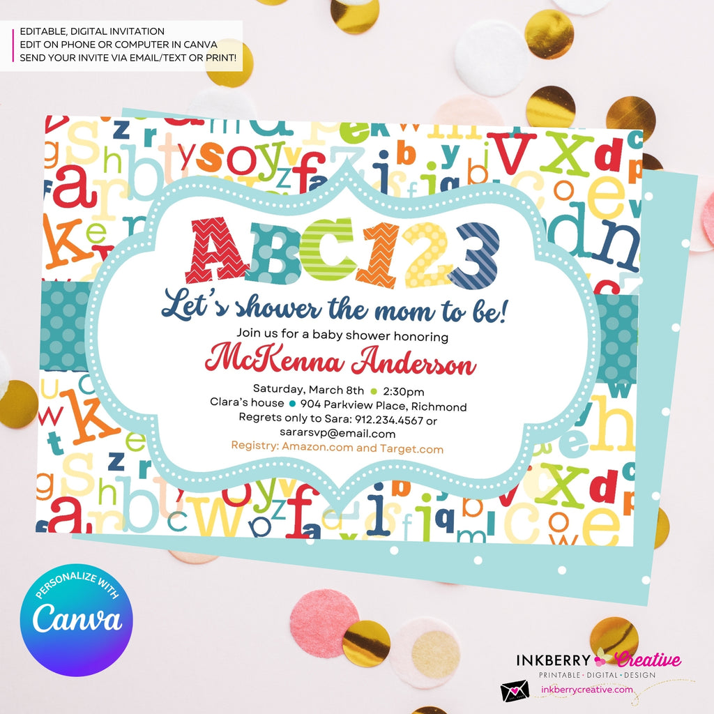 Alphabet Baby Shower Invitation, Alphabet Baby Shower Invite, ABC Baby Shower, ABC123, Printable, Digital, Instant Download, Edit in Canva